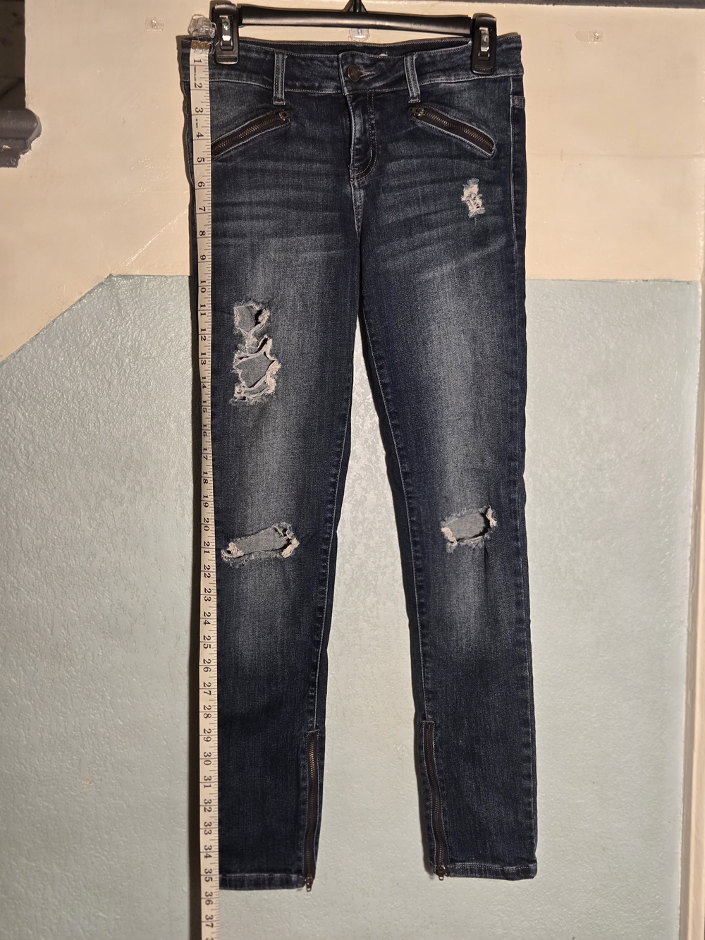 KanCan Dark Wash Distressed Skinny Jeans with Ankle Zippers - Blue